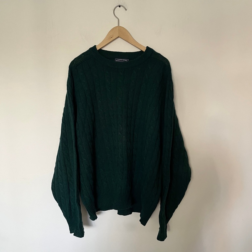 Bowen & Wright Mens XL Green Cable Knit 100% Shetland Wool Crew Neck Sweater